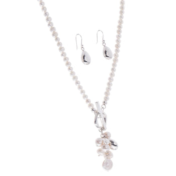 Silver and Pearls Earrings and Necklace Set