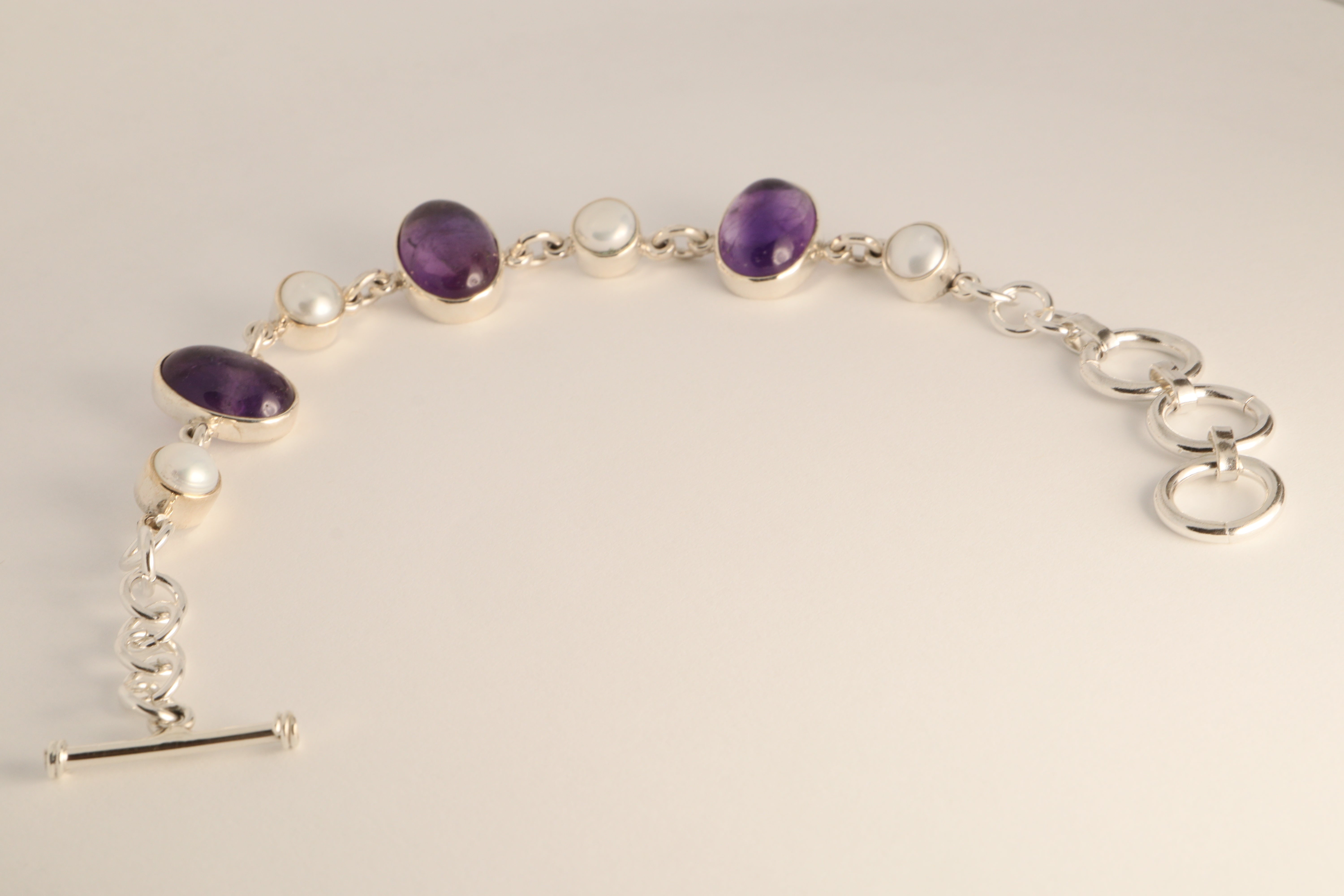 Celestial Harmony - Handcrafted Amethyst and Cultured Pearl 925 Silver Bracelet