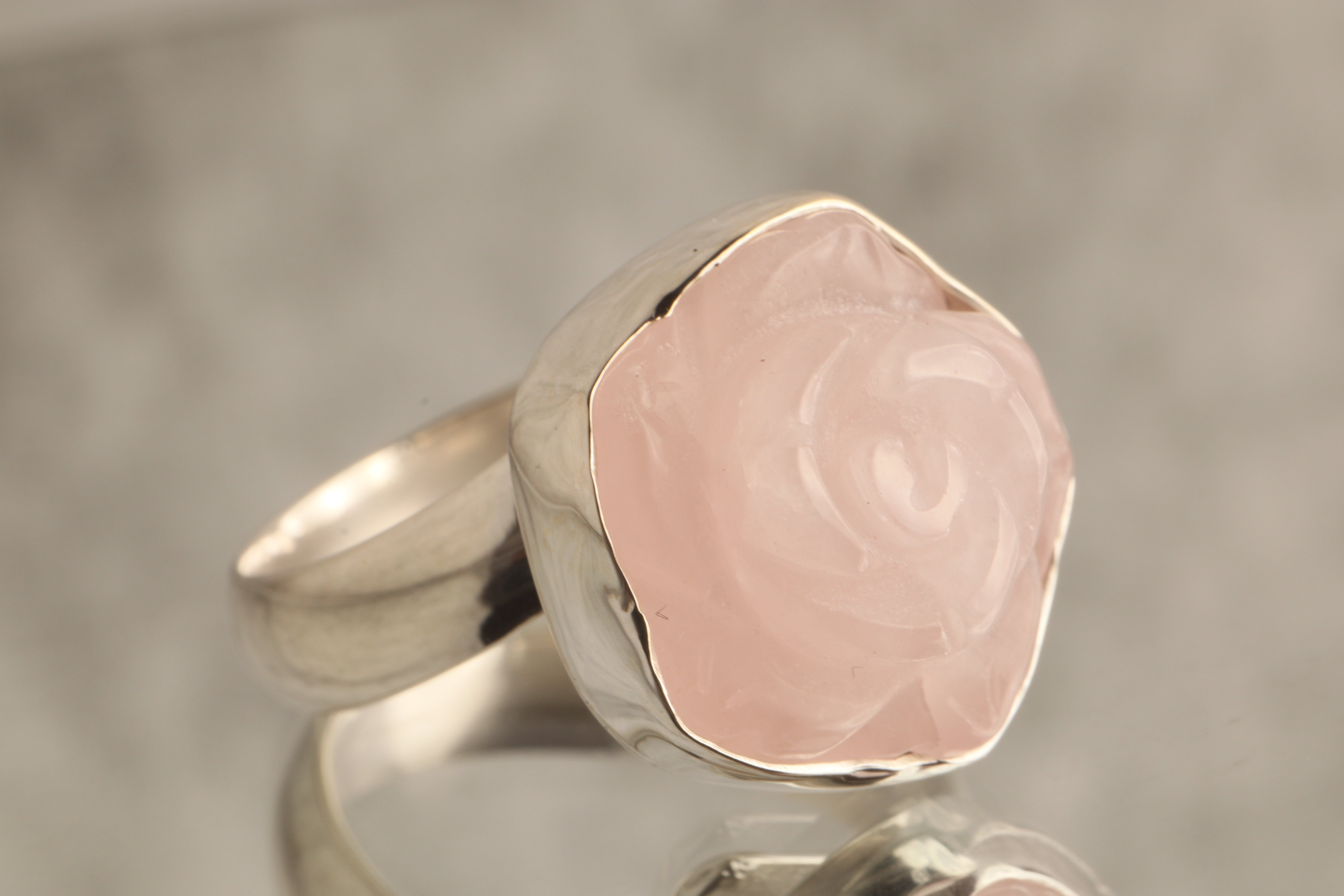 Blossom Heart - Hand Carved Rose Quartz 925 Silver Adjustable Ring