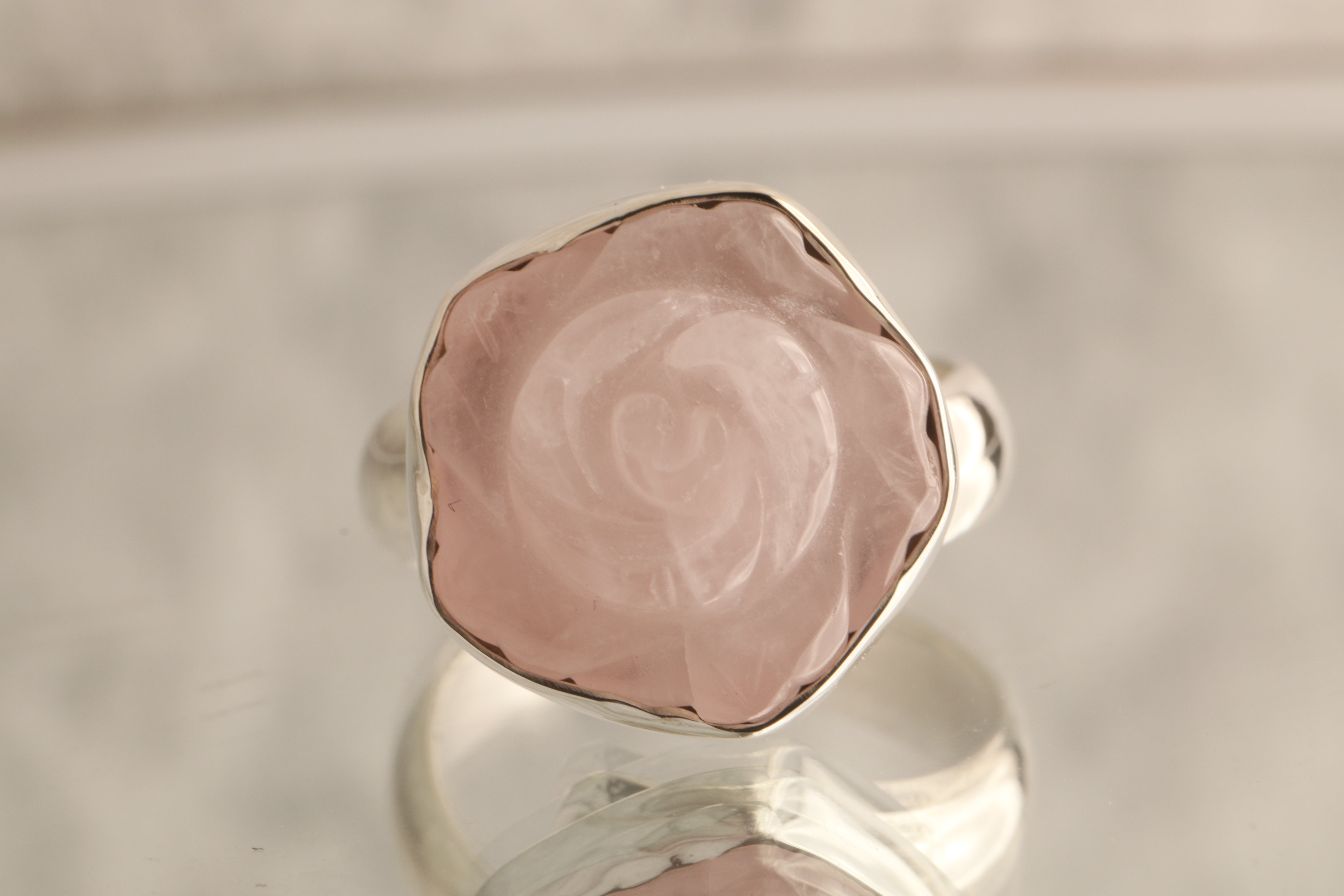 Blossom Heart - Hand Carved Rose Quartz 925 Silver Adjustable Ring