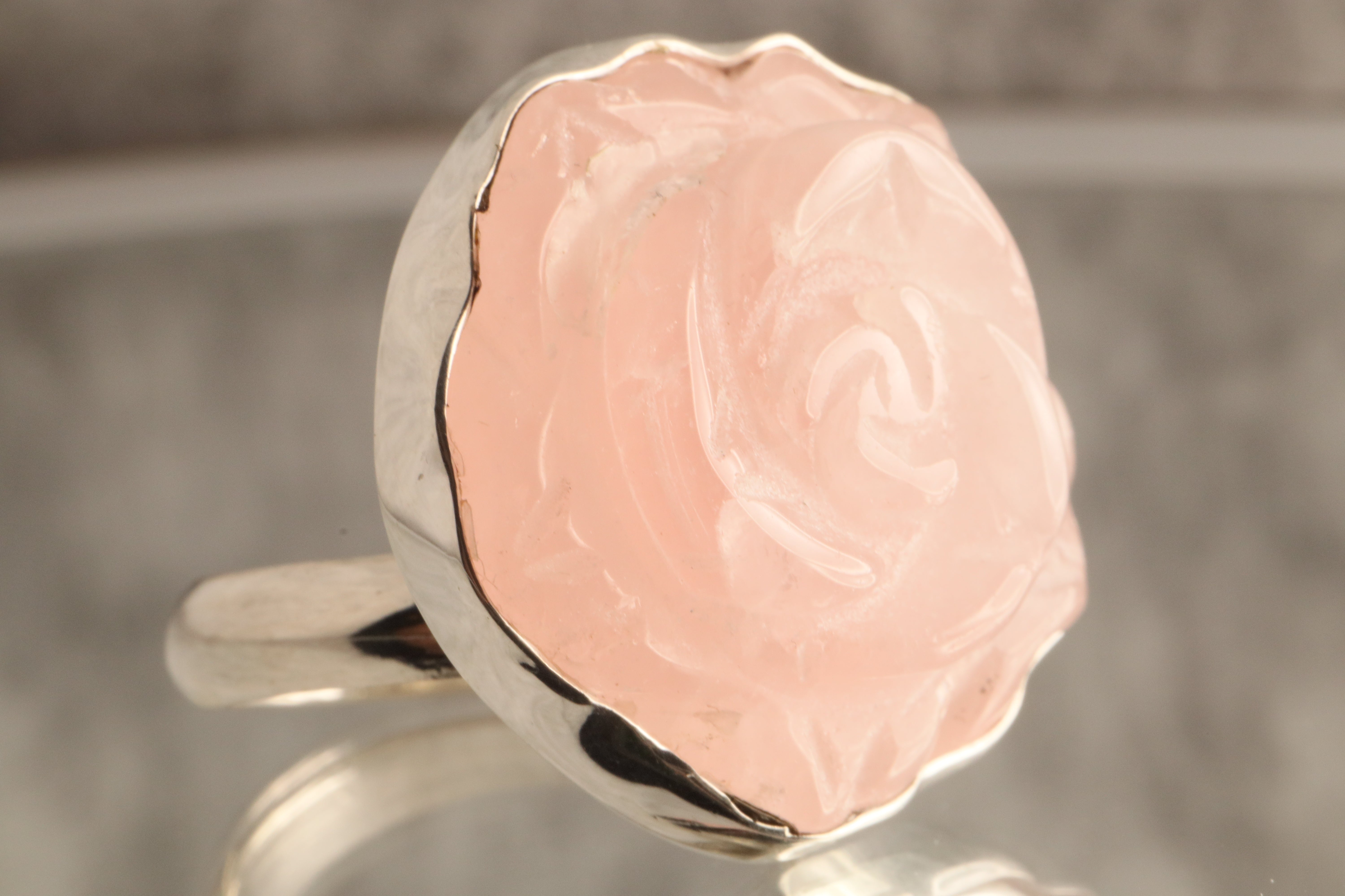 Blossom Heart - Hand Carved Rose Quartz 925 Silver Adjustable Ring