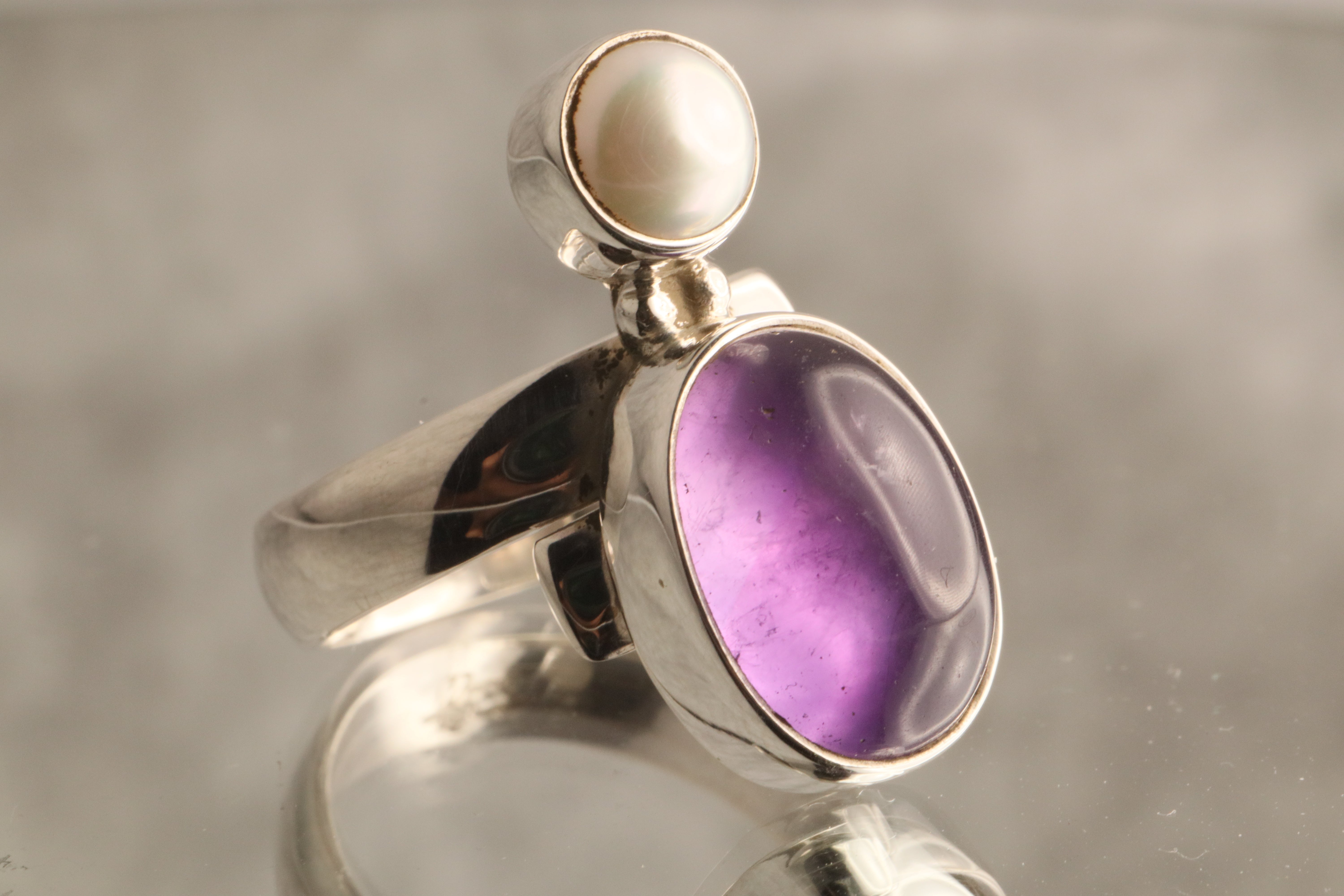 Harmony - Amethyst & Cultured Pearl Adjustable Silver Ring