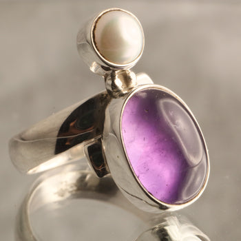 Harmony - Amethyst & Cultured Pearl Adjustable Silver Ring