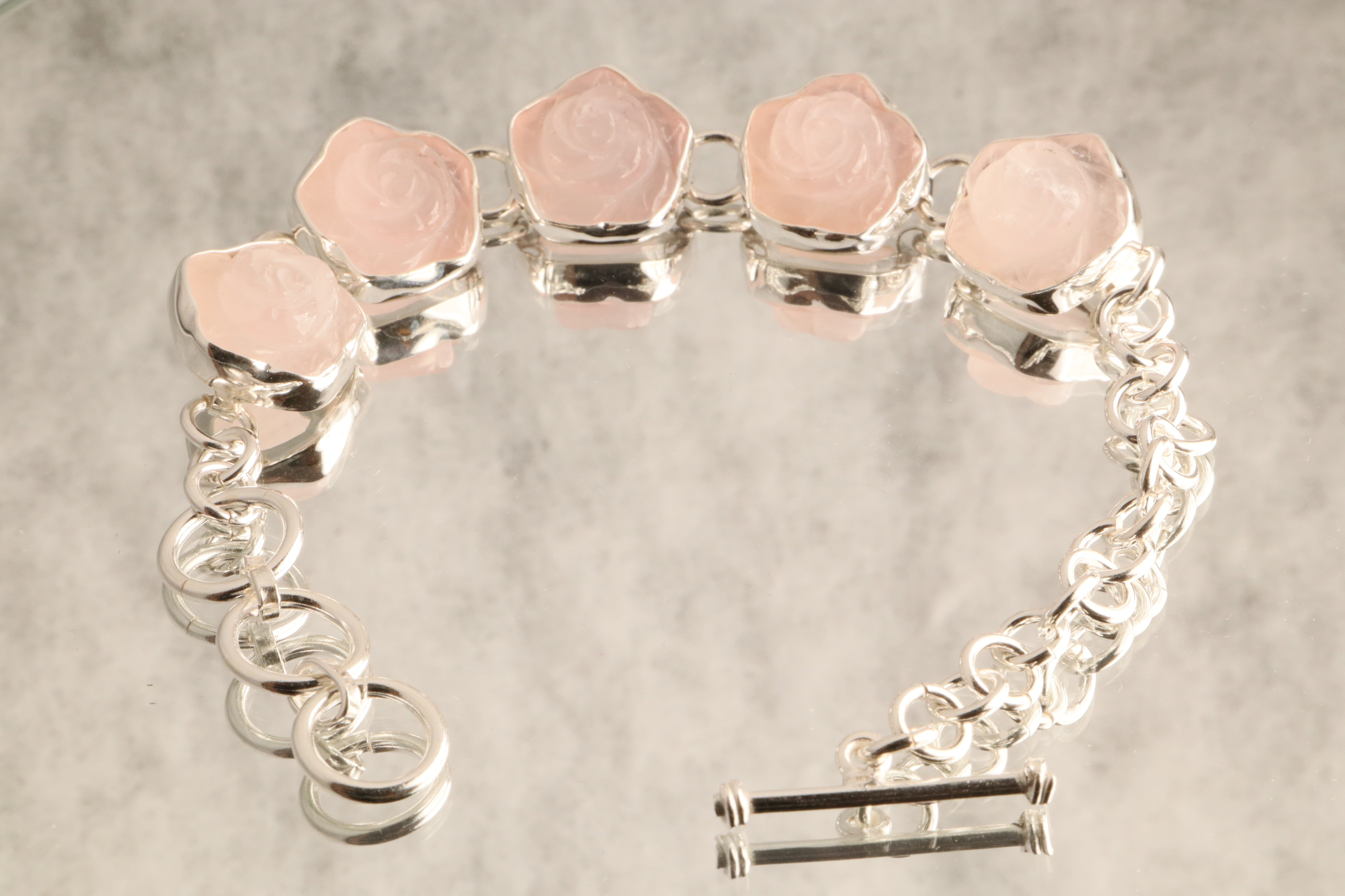 Petal Path - Carved Rose Quartz 925 Silver Bracelet