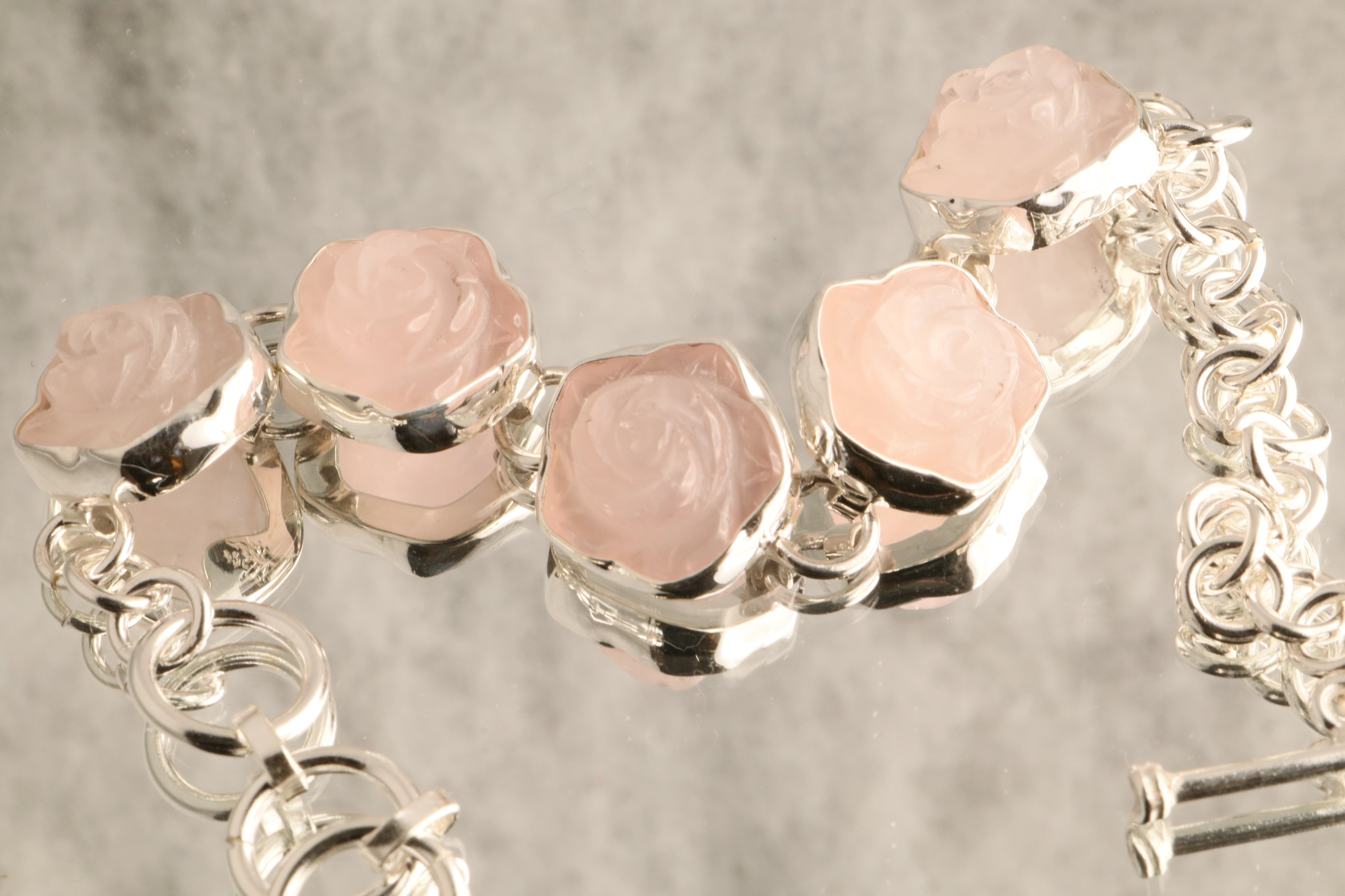 Petal Path - Carved Rose Quartz 925 Silver Bracelet