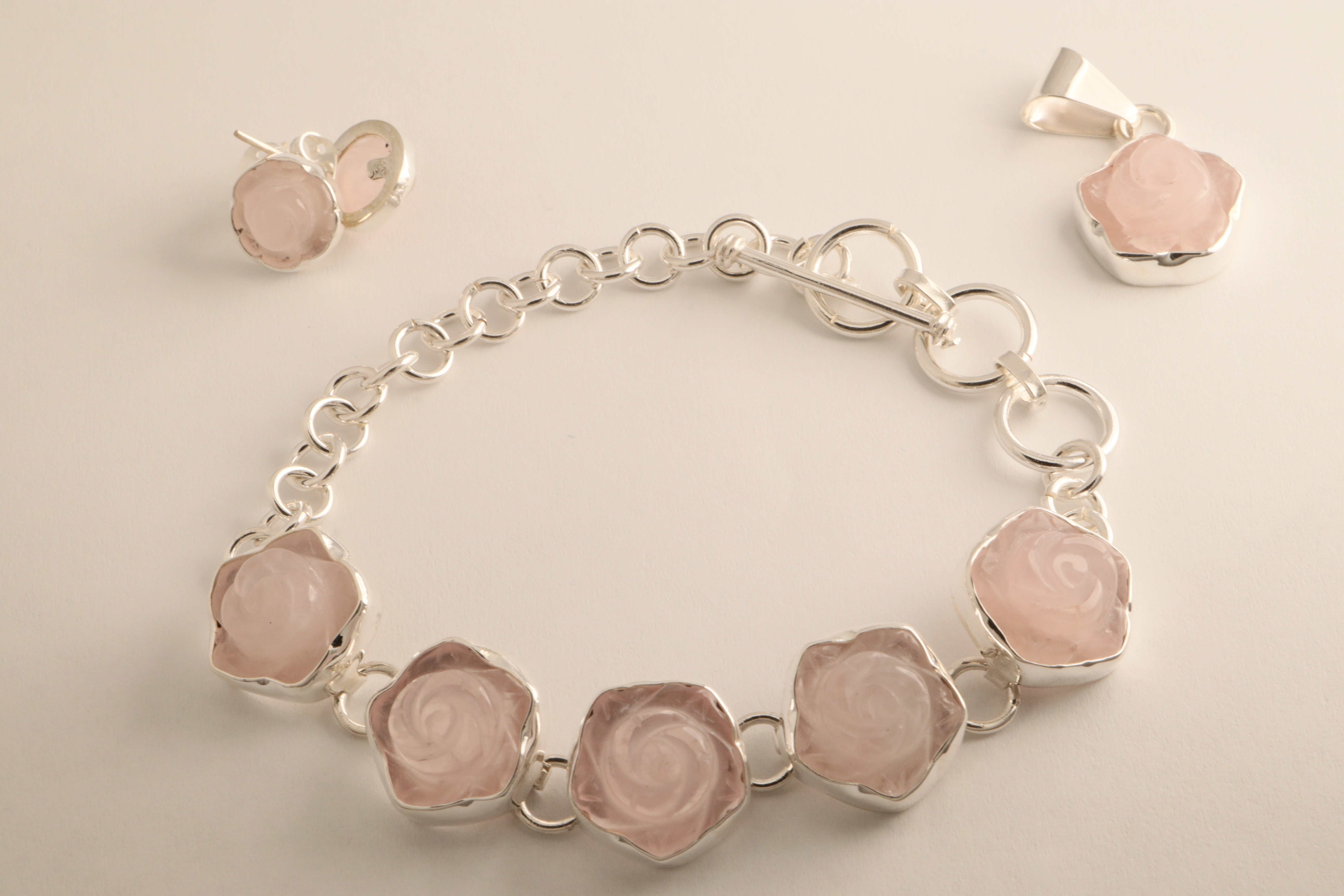 Alma Rosa - Rose Quartz Hand-Carved Rose Jewelry Set (Bracelet, Pendant, and Earrings)