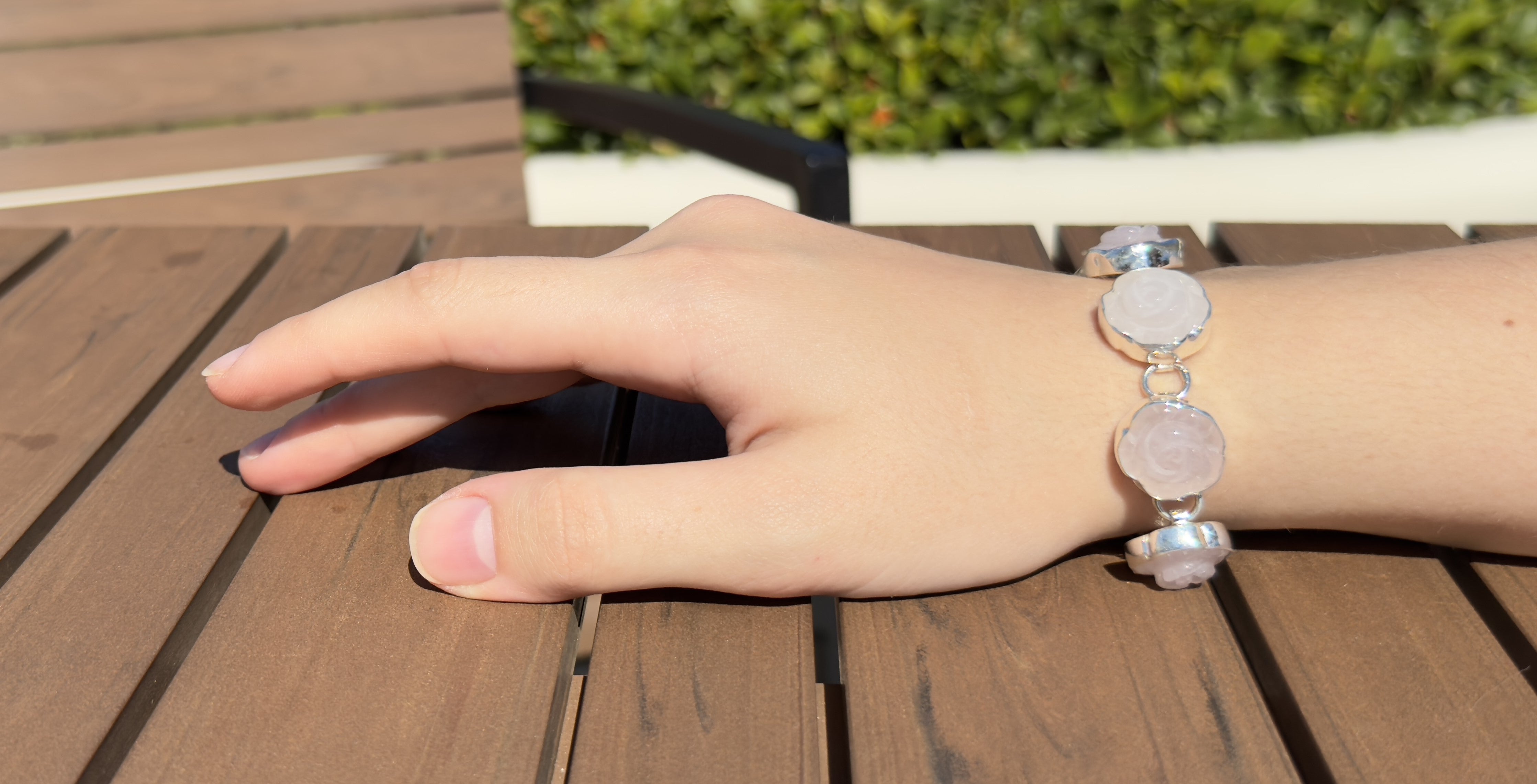 Petal Path - Carved Rose Quartz 925 Silver Bracelet