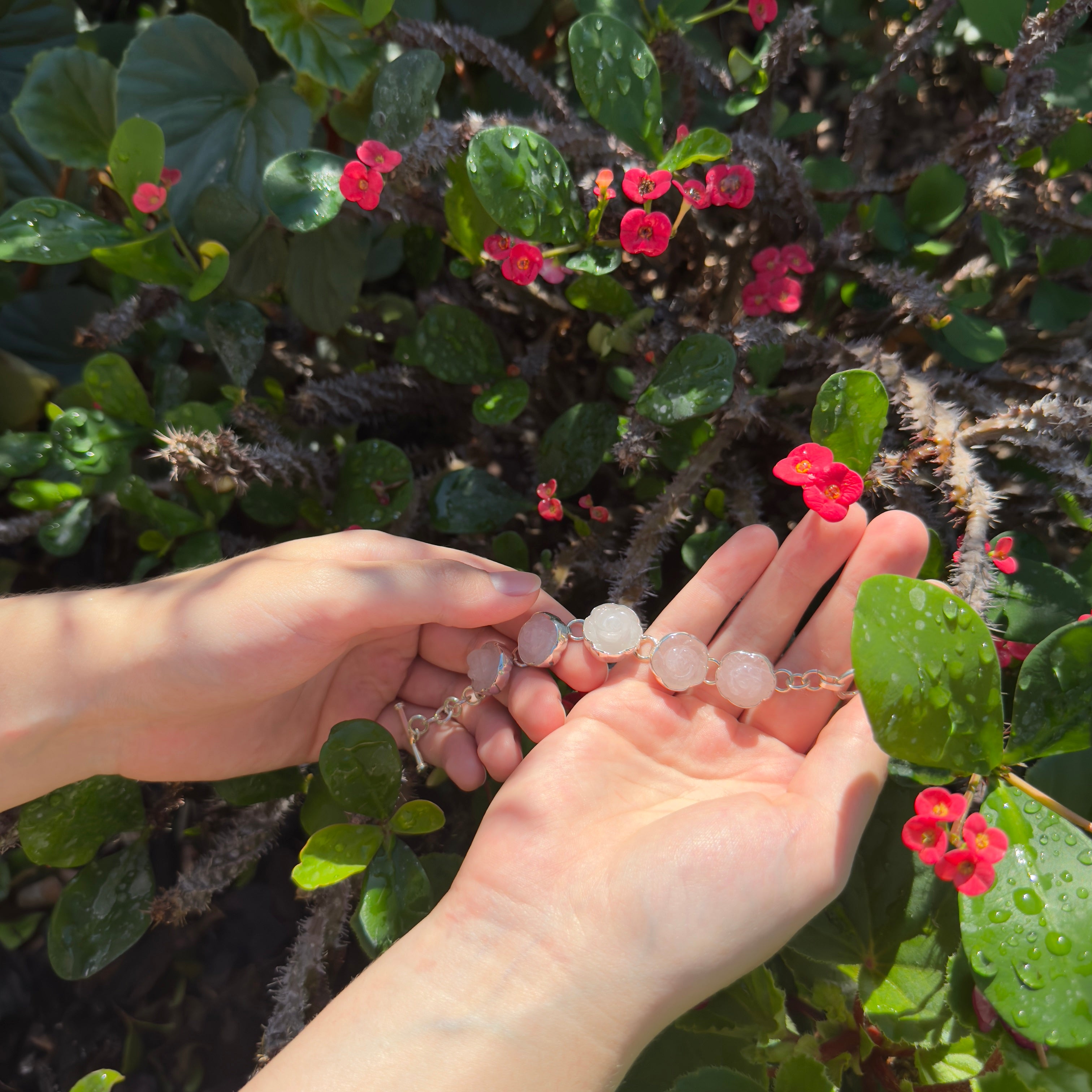 Petal Path - Carved Rose Quartz 925 Silver Bracelet
