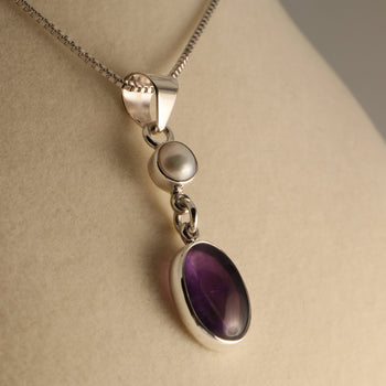 Regal Harmony – Amethyst & Cultured Pearl Pendant in 925 Sterling Silver