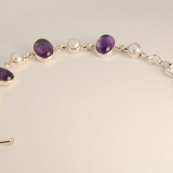 Celestial Harmony - Handcrafted Amethyst and Cultured Pearl 925 Silver Bracelet