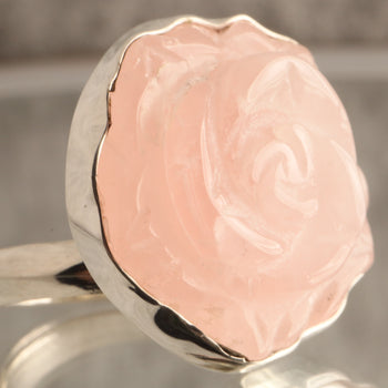 Blossom Heart - Hand Carved Rose Quartz 925 Silver Adjustable Ring