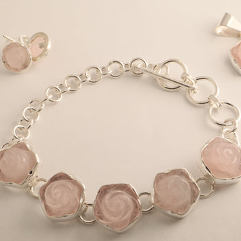 Alma Rosa - Rose Quartz Hand-Carved Rose Jewelry Set (Bracelet, Pendant, and Earrings)