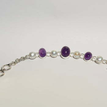 Celestial Harmony - Handcrafted Amethyst and Cultured Pearl 950 Silver Bracelet